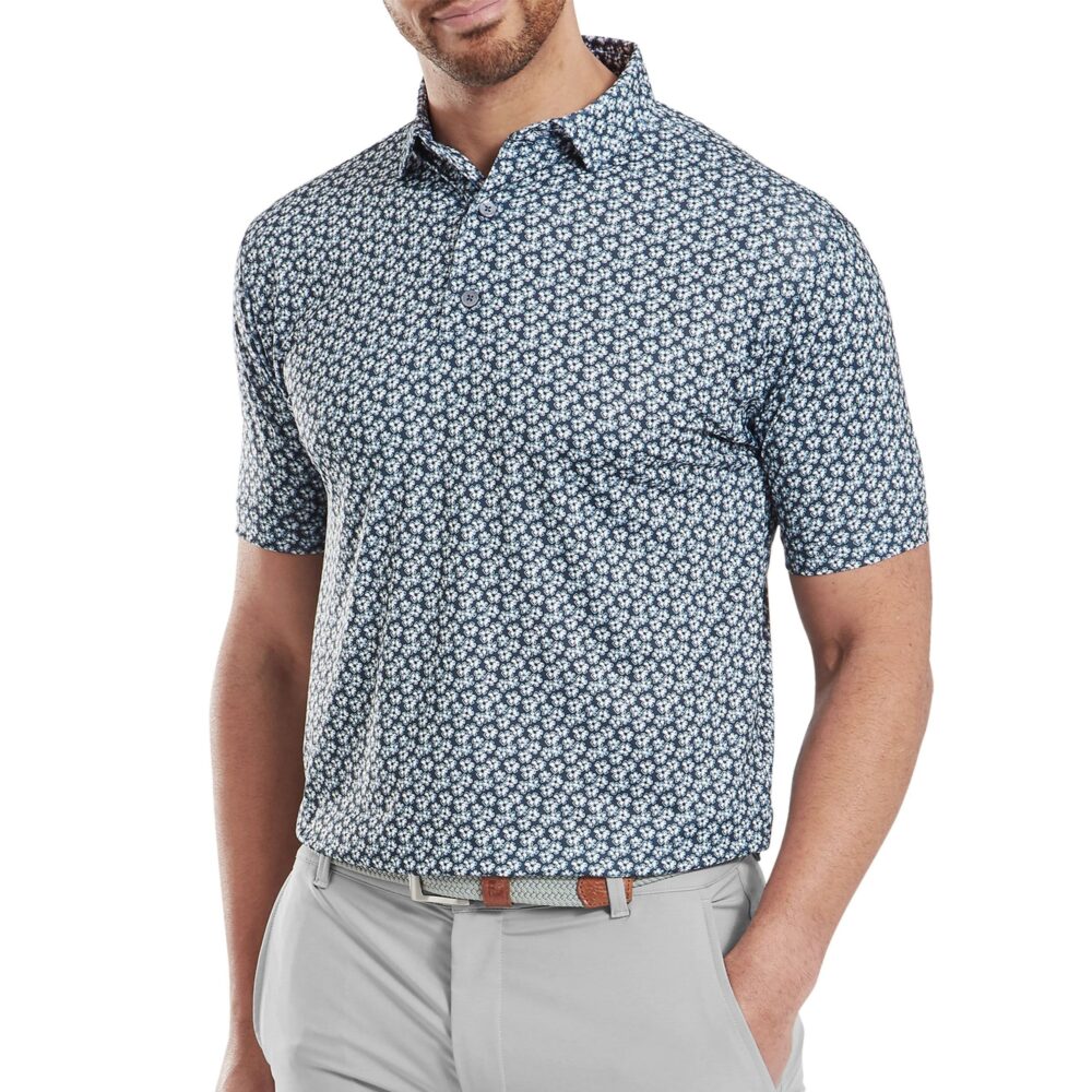 Footjoy 25 Floral Sketch Print Lisle Polo - White / Navy - Image 3